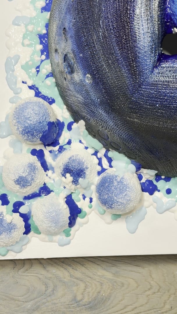 Studio process clip: the blue encaustic dome of Eye Sea All I with white textured satellite spheres, blue centres, clustered on the cerulean field