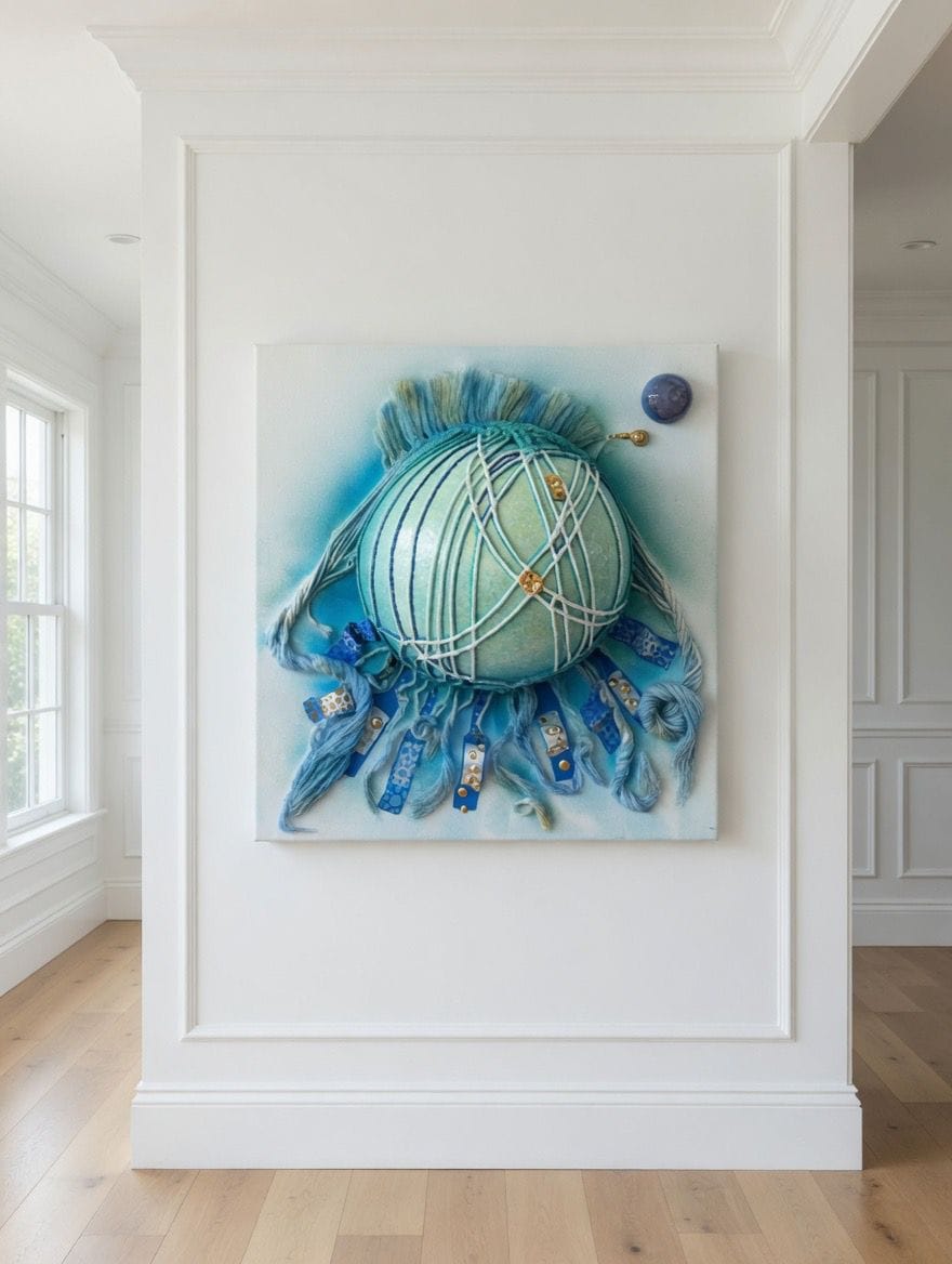 Faceless Self Portrait by Victoria Zeder installed on a bright white wall: the netted teal sphere with fibre crest and hanging tentacles, room and windows around it