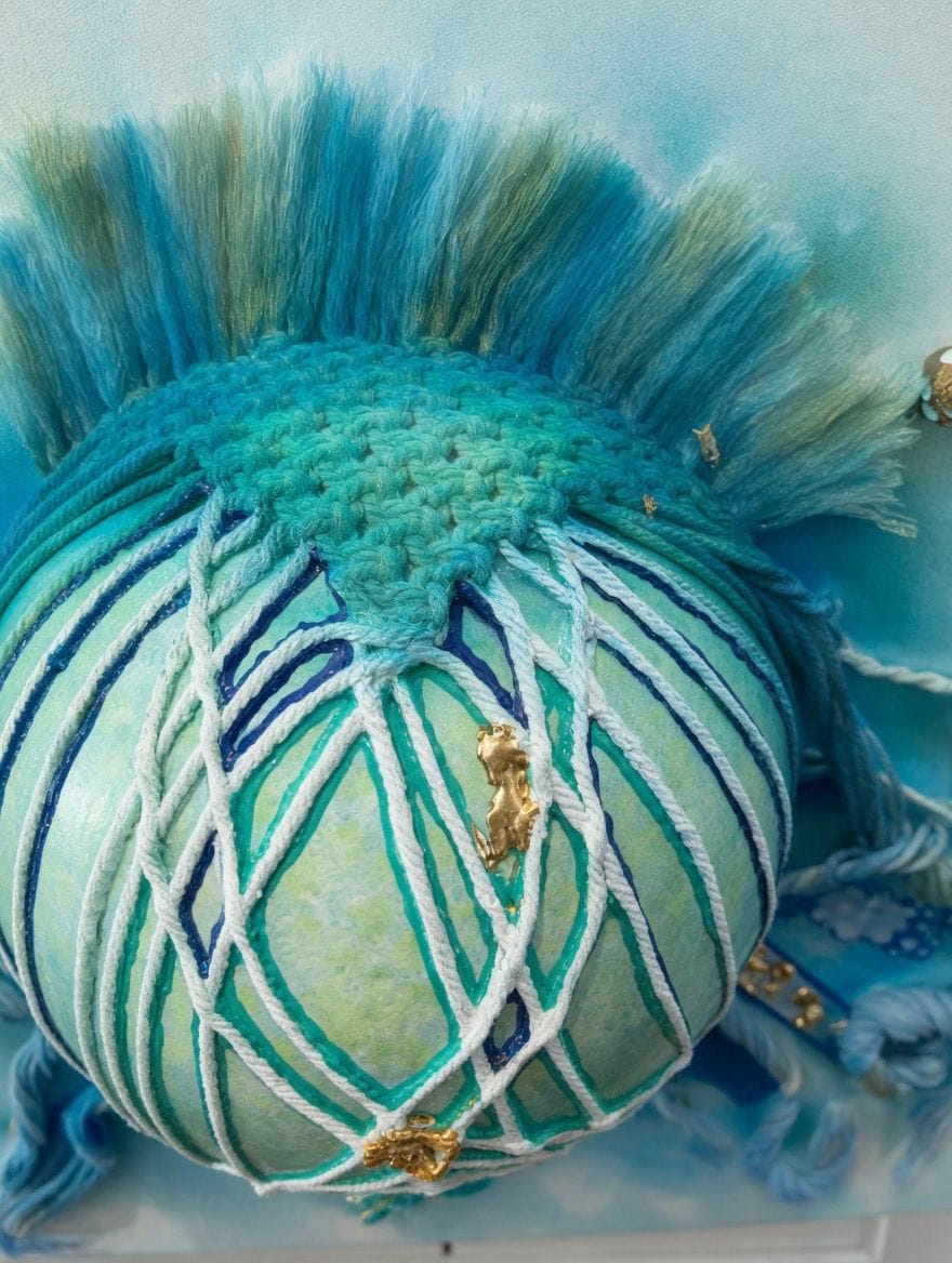 Macro detail of Faceless Self Portrait: the fibre crest and white macramé netting over the teal encaustic sphere, small gold nuggets caught in the threads