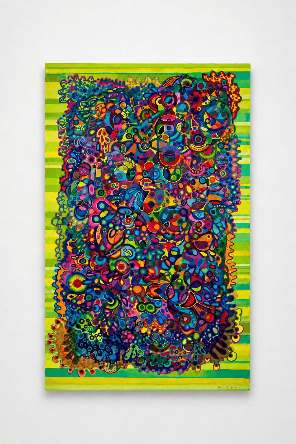 Pareidolia Chromatic — Early Study by Victoria Zeder — dense rainbow biomorphic forms over yellow-green vertical stripes, signed