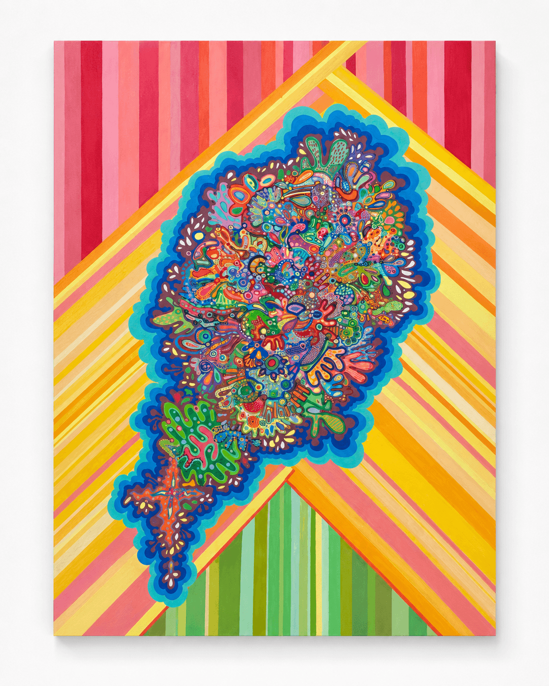Pareidolia Chromatic II by Victoria Zeder — chromatic biomorphic mass over diagonal pink, yellow, and green stripes