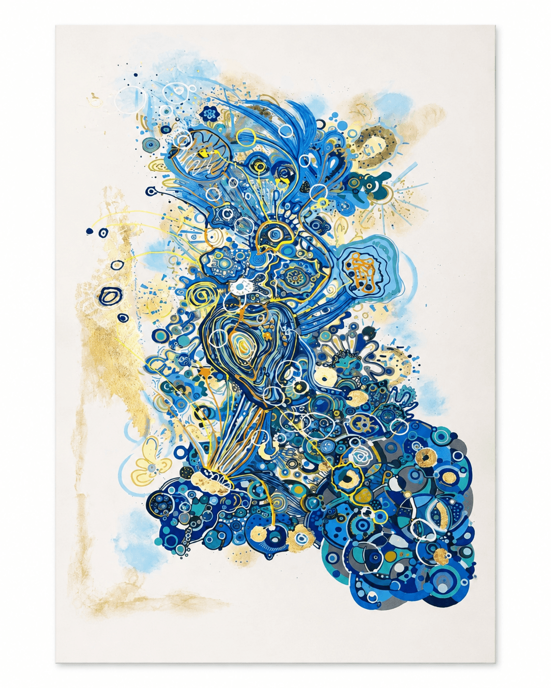 Pareidolia in Blue by Victoria Zeder — Jungian Thread & Shadow flagship, complex blue, gold leaf, and neon thread composition on cream canvas