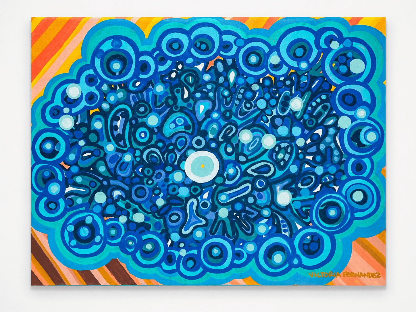 Pareidolia in Blue I (Mandala) by Victoria Zeder — monochromatic blue mandala with central white eye, orange-gold striped corners