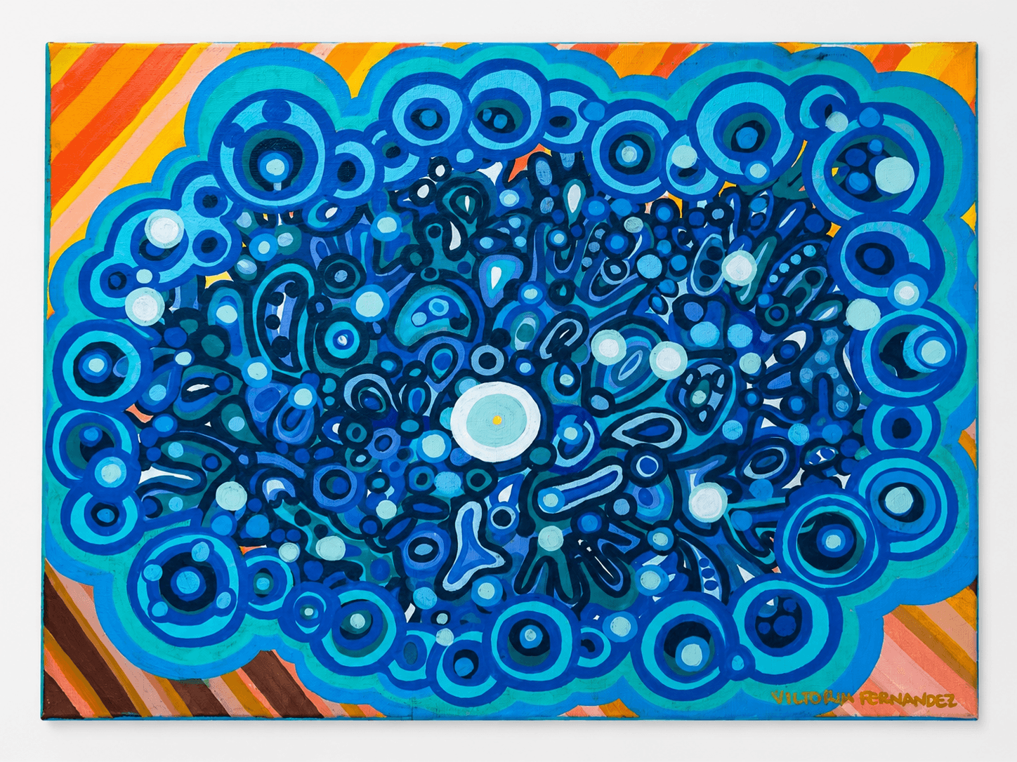 Pareidolia in Blue II (Mandala) by Victoria Zeder — companion blue mandala with orange-gold striped ground