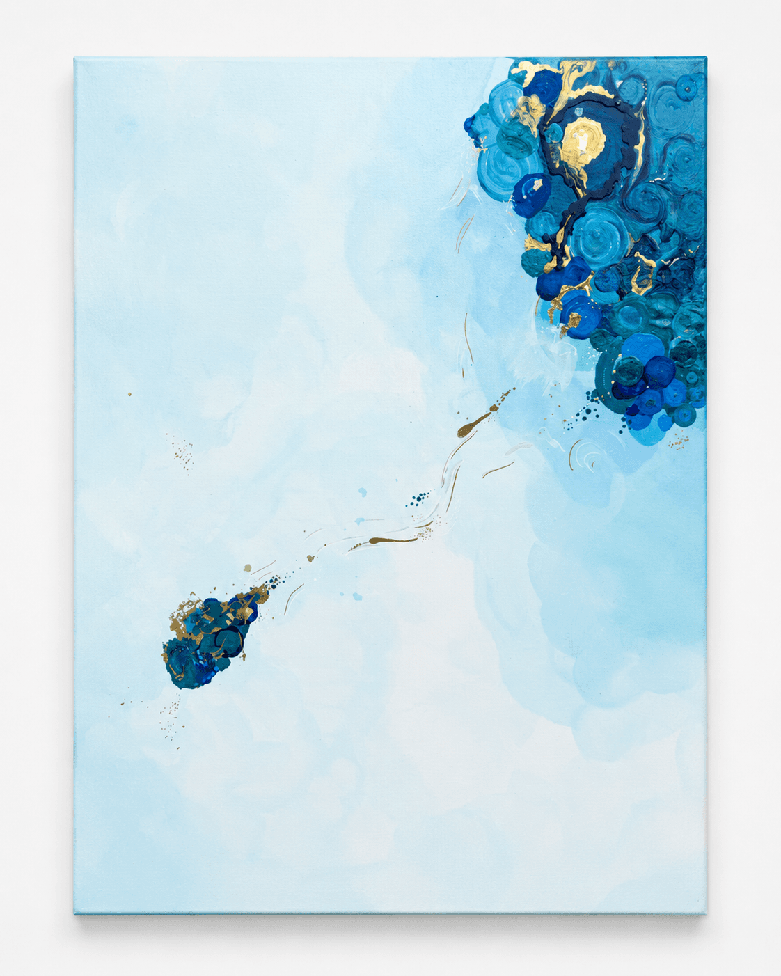 Held in Distance I (Origin / Mass) by Victoria Zeder — atmospheric cerulean ground with cobalt and gold biomorphic cluster, gold thread satellite