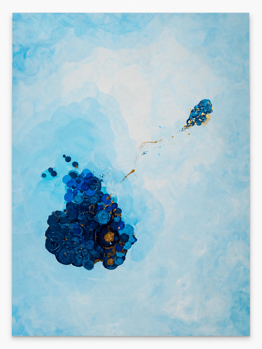 Convergence I (Origin / Drift) by Victoria Zeder — atmospheric cerulean field with cobalt cluster and satellite, gold thread between