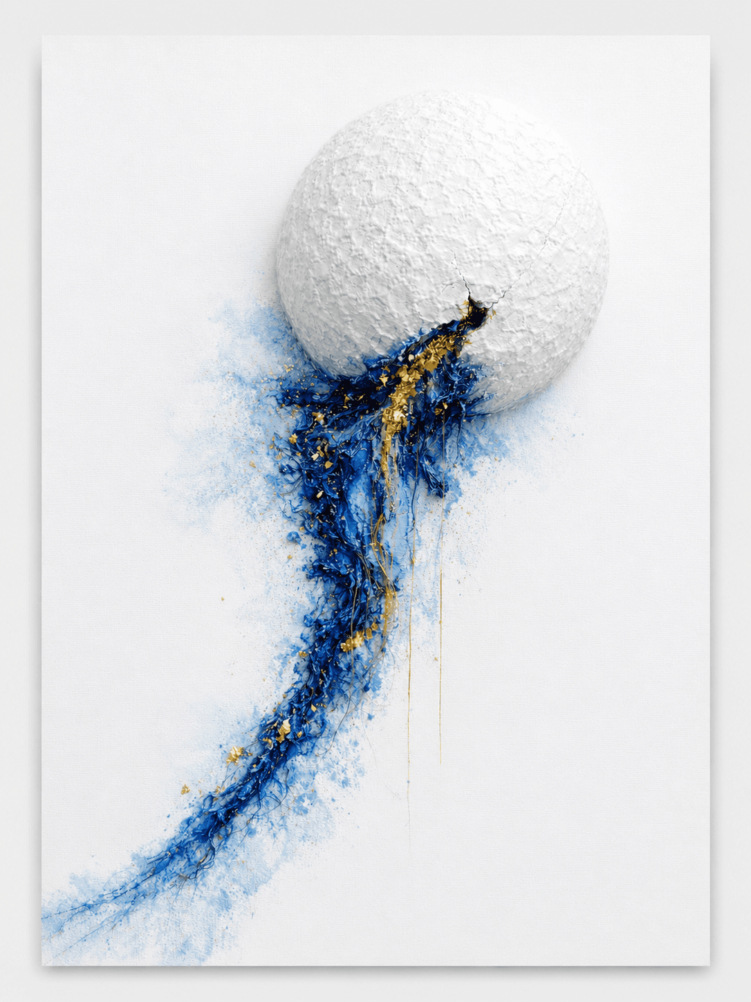 Origin / Threshold I by Victoria Zeder — white textured sphere with cobalt and gold pigment trail across cream field