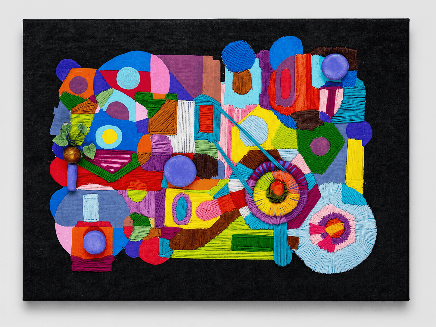 Thread on Black I by Victoria Zeder — vibrant thread work on black canvas, woven circles and half-circles with dimensional yarn ball and tassel