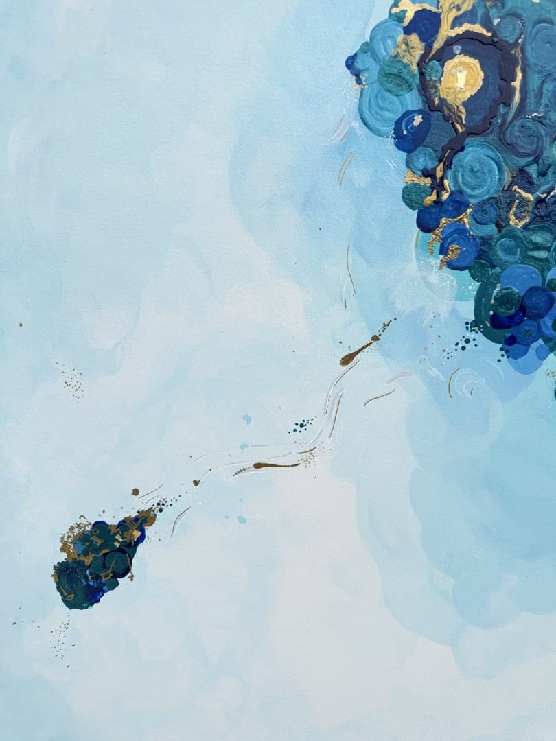 Origin / Drift I by Victoria Zeder: cerulean field with cobalt cluster reconfiguring across distance, gold thread