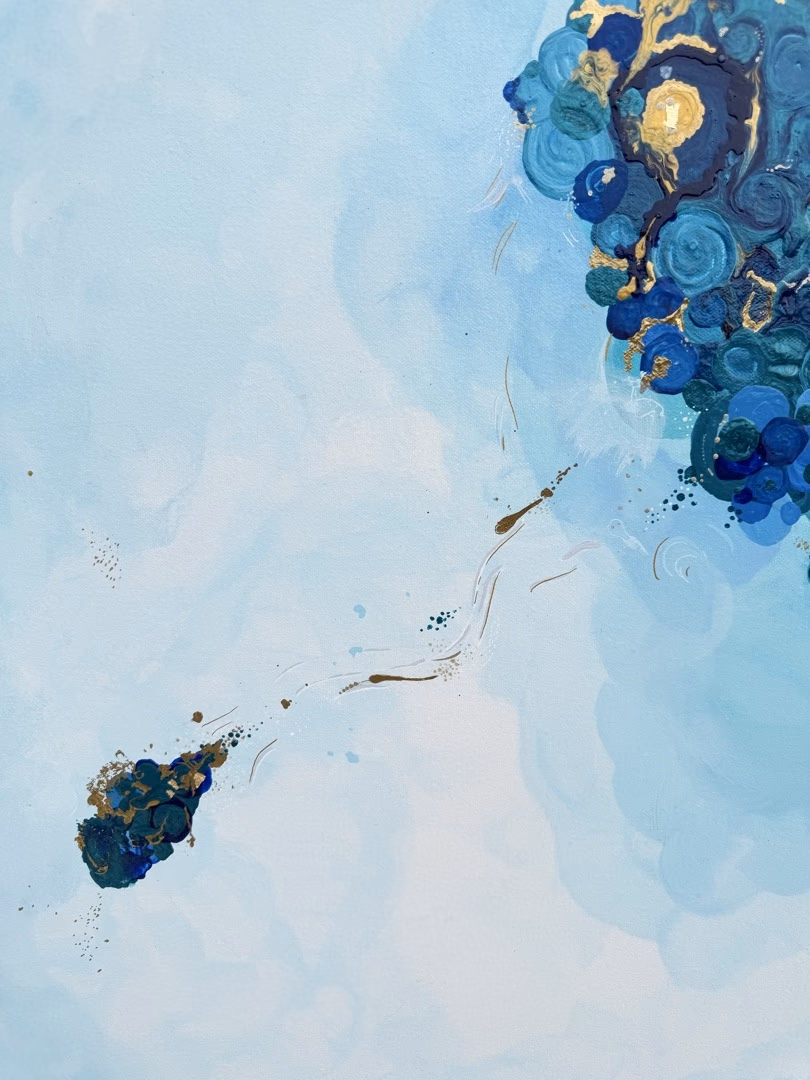 Origin / Drift I by Victoria Zeder: cerulean field with cobalt cluster reconfiguring across distance, gold thread