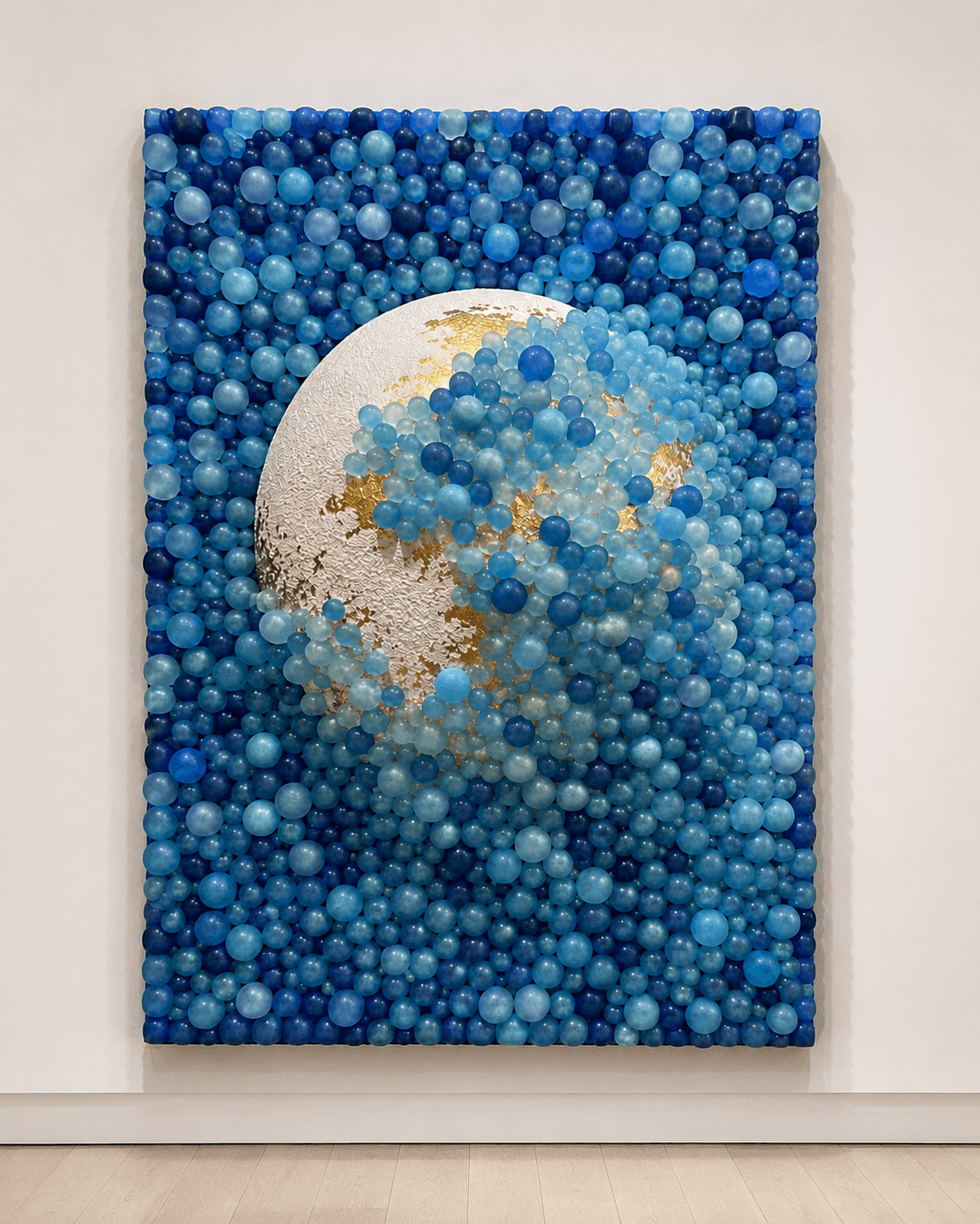 Las piedras de Bahoruco by Victoria Zeder: blue polymer stones and 24k gold leaf on canvas, inspired by Dominican larimar